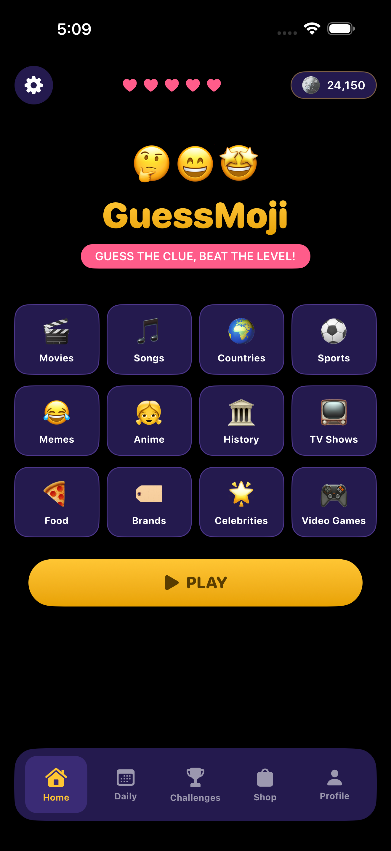 GuessMoji home screen showing puzzle categories