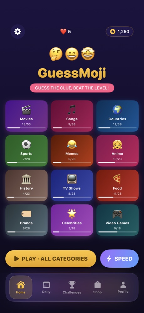 Home screen with 12 puzzle categories
